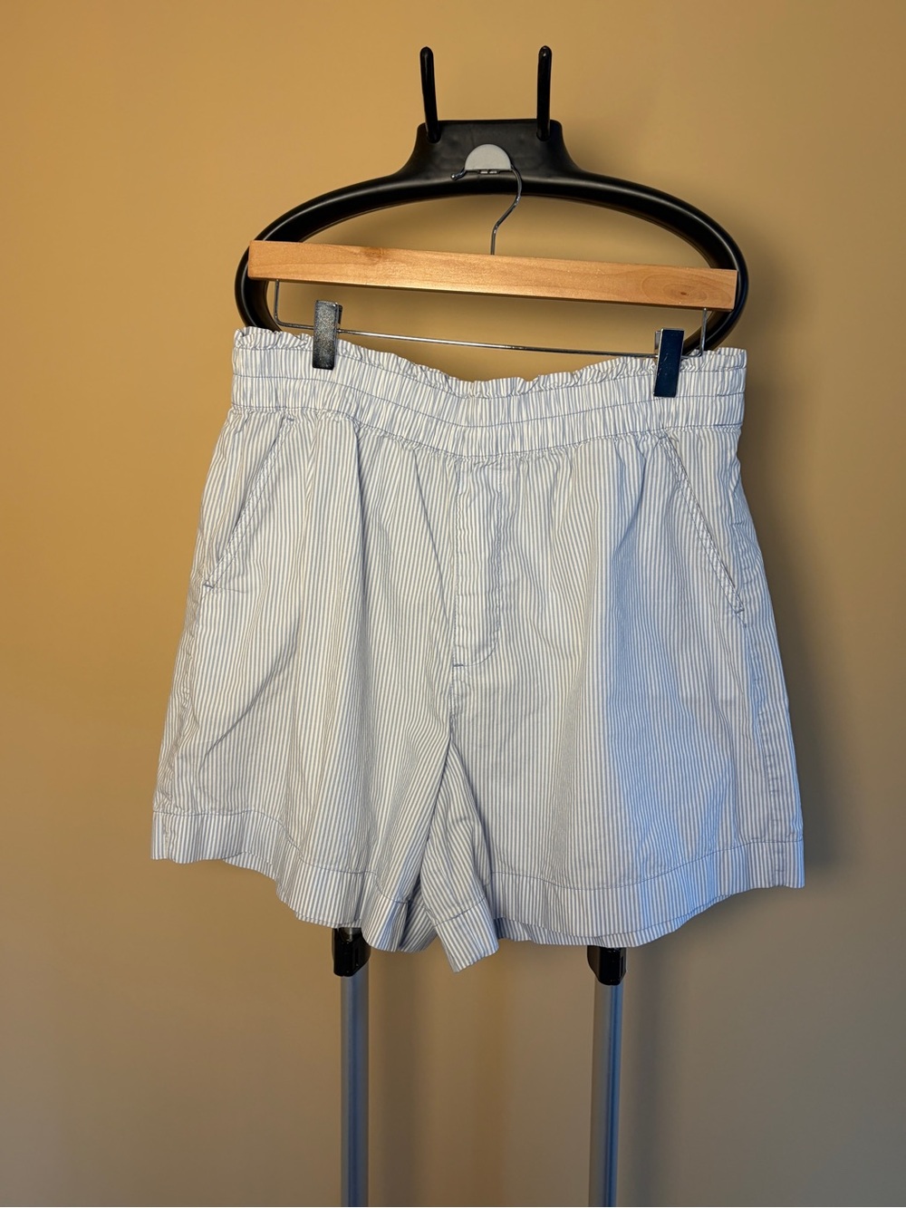 aerie Light Blue and White Pinstripe Elastic-Waist Shorts